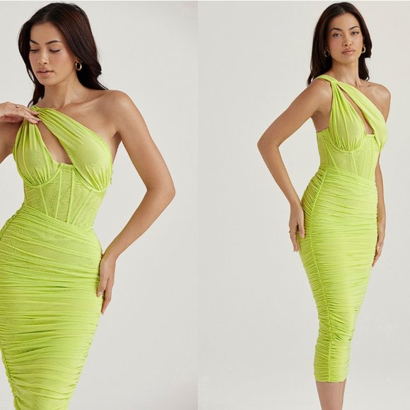 House of CB ‘Valentina’ Lime Asymmetric Cutout Midi Dress NWOT - Picture 7 of 11